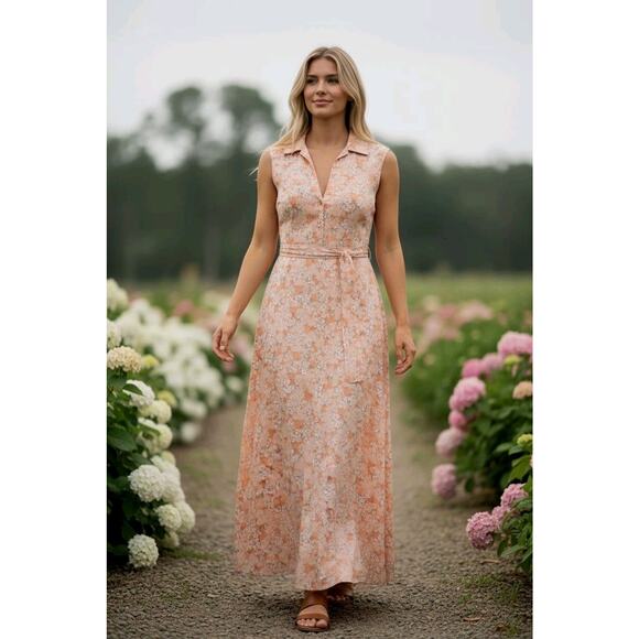 60s/70s Peachy Ditzy Floral Empire Waist Maxi Dress Tie Back Hostess, Boho GUC - Picture 1 of 16